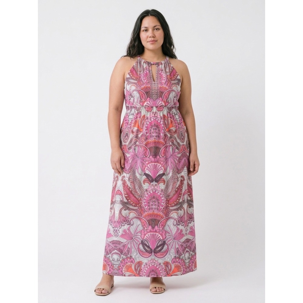 INC International Concepts Pink Paisley Halter Maxi Dress Plus 1X Beaded Keyhole